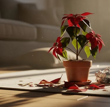 Una planta marchita con hojas caídas en el suelo después de una fiesta navideña.