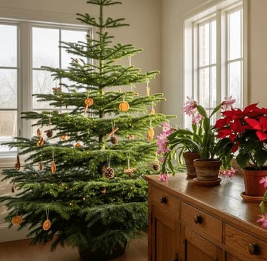 Decoración navideña natural con Flor de Pascua, Cactus de Navidad y otras plantas duraderas