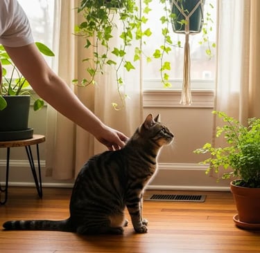 Persona supervisando con cariño a su gato curioso cerca de una planta de interior.