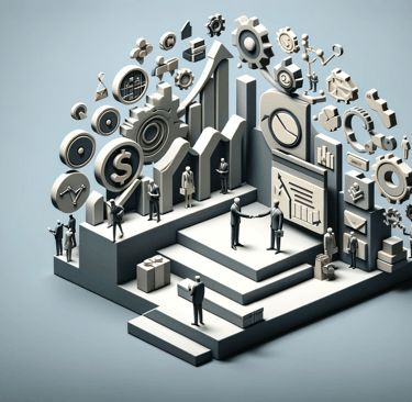 Stylized 3D business growth graphic with figures, charts, and gears on a gradient backdrop.