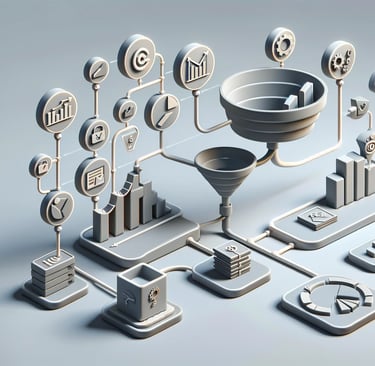 3D diagram of a sales funnel with interconnected business icons and steps in a neutral palette.