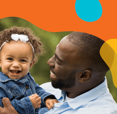 Father holding daughter cheerfully with fun bright organic shapes and colors.