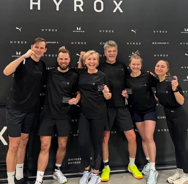 Our Hyrox team with matching Worlds Within t-shirts