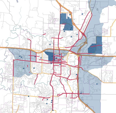 Map of Columbia, Missouri, with Vision Zero Neighborhoods highlighted