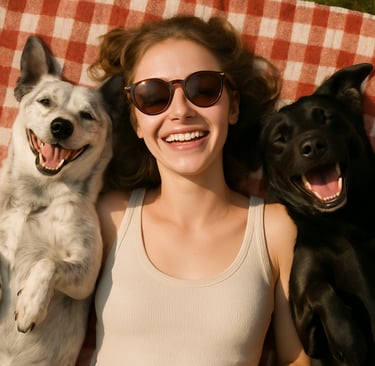 a woman laying on a blanket with two dogs