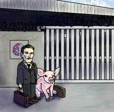 agent zigzag with a pig near a secure site