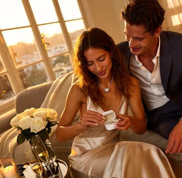 A romantic golden-hour editorial photo of a couple exchanging jewelry gifts. The woman opens a silver heart necklace box whil