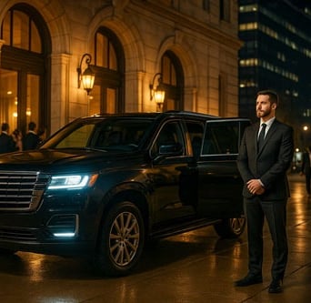 Private chauffeur standing beside luxury SUV at upscale Houston venue during evening event with guests in background.