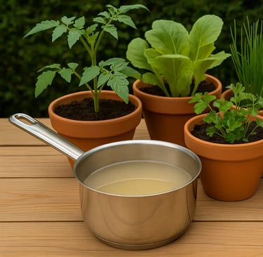 Arrosage de plantes en pot sur un balcon avec de l’eau de cuisson refroidie