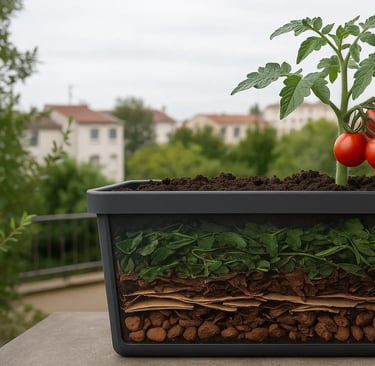 Pot de culture en lasagnes sur un balcon, montrant les différentes couches de matières organiques