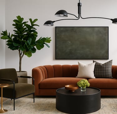 modern traditional living room in neutrals with pop of color