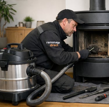 Ramoneur à Nantes réalisant le ramonage d’une cheminée à bois dans une maison individuelle