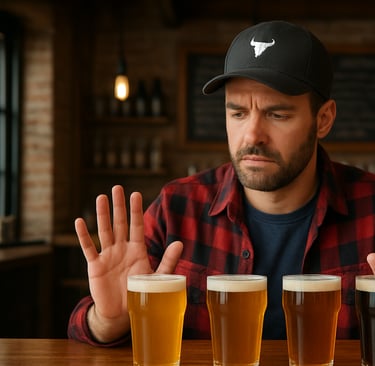bearded man staring at a row of glasses looking confused