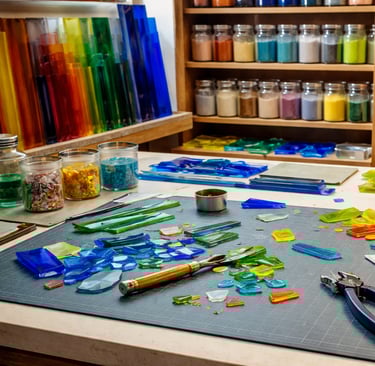 Fused glass studio table set up for teaching with glass and tools
