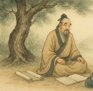 Confucius under a tree listening to a younger student—symbolizing wisdom passed through the ages