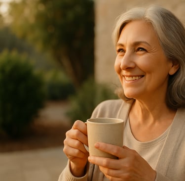 A woman in her 60s sitting outside in early morning light, sipping tea and smiling quietly.