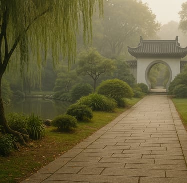 A serene path through a classical Chinese garden, morning mist —symbolizing of growth and balance