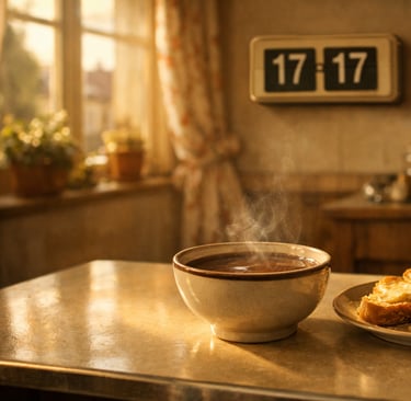 Horloge murale affichant 17h17 dans une cuisine française avec chocolat chaud et tartines