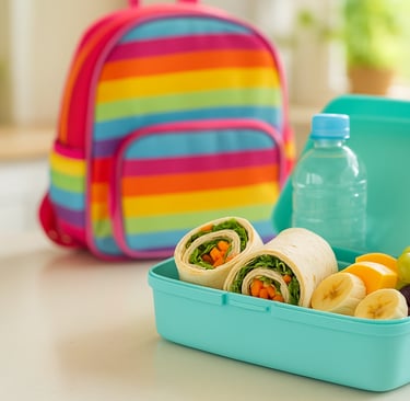 Open kids’ lunchbox on a bright kitchen counter with wraps, fruit, and a water bottle, backpack in t