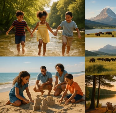 Diverse American family vacation scenes including a river swim, mountain wildlife, quiet beach, coastal lighthouse, and lakes