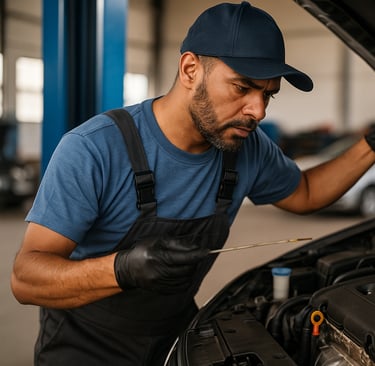 a man in a blue shirt and black overalls and a hat on his head