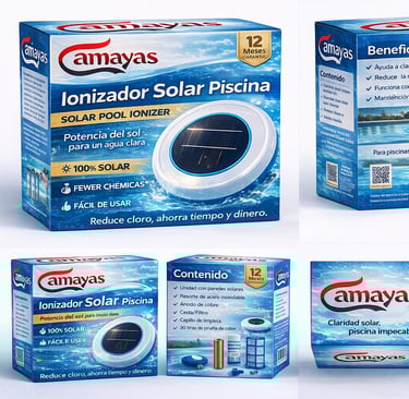 Eco-friendly Camayas solar pool ionizer packaging showing the floating water purifier for chlorine reduction.