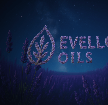 Evellon Oil Logo and name made of intertwined lavender in a lavender field under a starry night sky