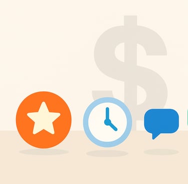 Ilustración minimalista con un gran signo de dólar difuminado en el fondo y cuatro íconos coloridos