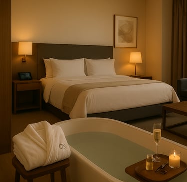 A luxurious hotel suite a freestanding bathtub, plush bedding, smart room controls, and a breathtaking city view