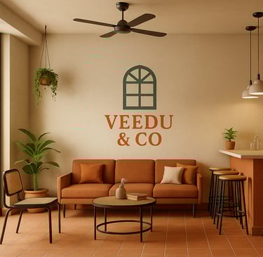 a community room with a couch and a ceiling fan