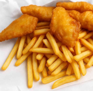 5 pieces of battered fish with chips on white paper