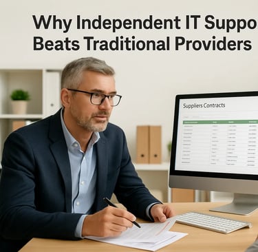 Independent IT consultant meeting with a small business manager in a modern office, discussing supplier contracts on screen,