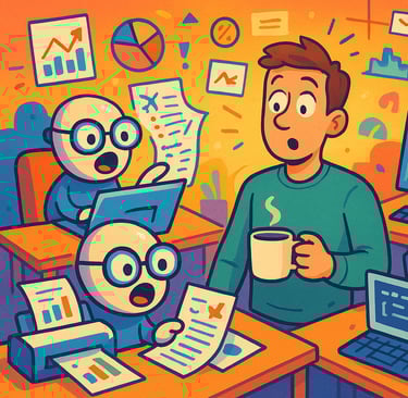 a man is sitting at a desk with a cup of coffee surrounded by AI agents