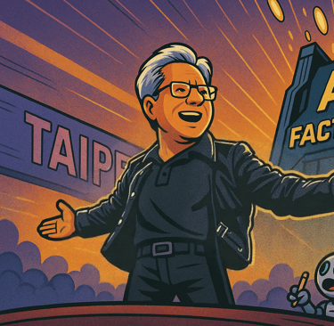 cartoon image of a man in a black jacket and glasses with a robot audience on centre stage