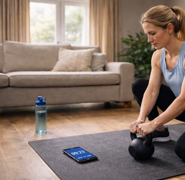 obb Sheridan personal training client using a kettlebell at home as part of her training