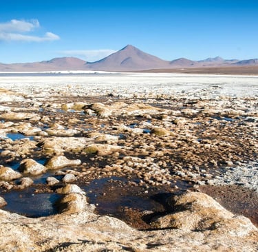 Paysage de sel devant le volcan Licancabur dans le Sud Lipez