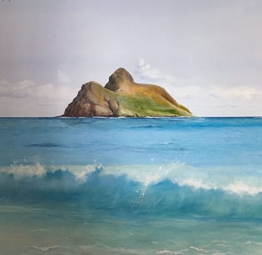Hand-painted mural of two Hawaiian islands, turquoise ocean, a sailboat and a breaking wave.