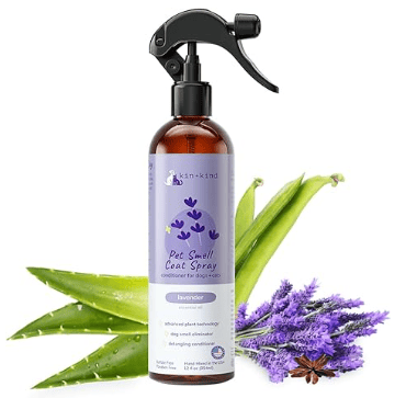 kin+kind natural lavender dog deodorizing spray and detangler with organic aloe.