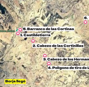 Mapa de la ruta circular por las Bardenas Reales con 8 puntos de interés marcados