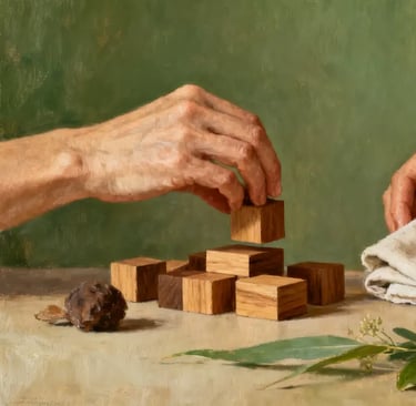 Hände beim Falten von Stoff und Sortieren von Holzbausteinen, als Ausdruck von Ruhe und gezielter Aktivität