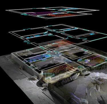 Nuvola di punti 3D di una casa, comprensiva di interni ed esterni, accompagnata dalla restituzione CAD delle planimetrie