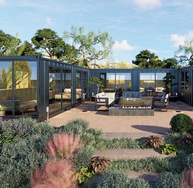 3D illustration front view of a Container home with a sundeck