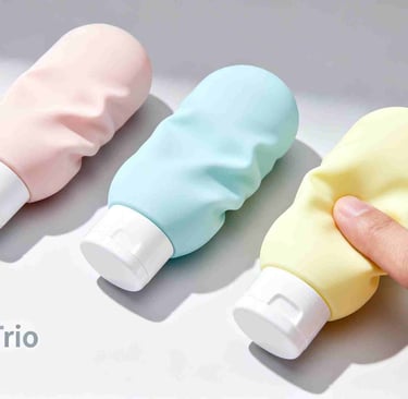 Three pastel-colored silicone travel bottles, with one being squeezed by a finger.