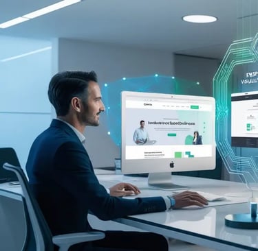 Un hombre y una mujer en un ambiente de oficina moderna analizan diseños web interactivos proyectados en hologramas.