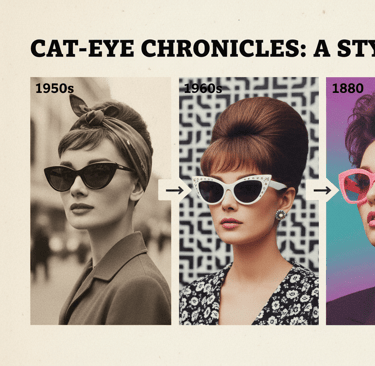 Línea de tiempo visual mostrando evolución de lentes cat-eye desde 1950 hasta 2025,