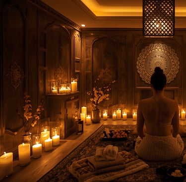 a woman sitting on a rug in a room with candles
