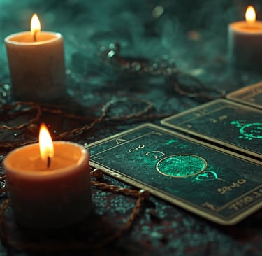 uma vela acesa com velas e mais velas, cartas de tarot