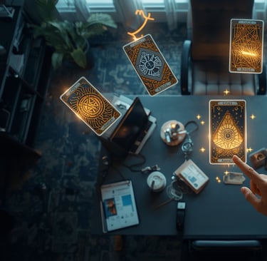 uma pessoa segurando um telefone e apontando para uma mesa com muitos cartões