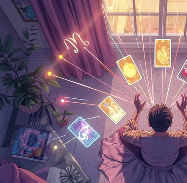 uma mulher sentada em uma cama com muitas cartas