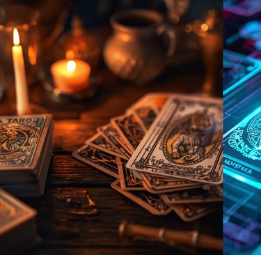 uma mesa com muitas cartas e velas